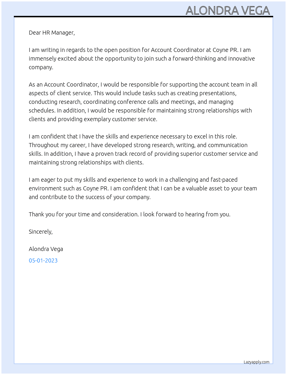 Account Coordinator  At Coyne PR Cover Letter