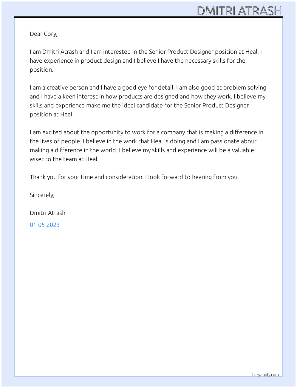 Senior Product Designer At Heal Cover Letter