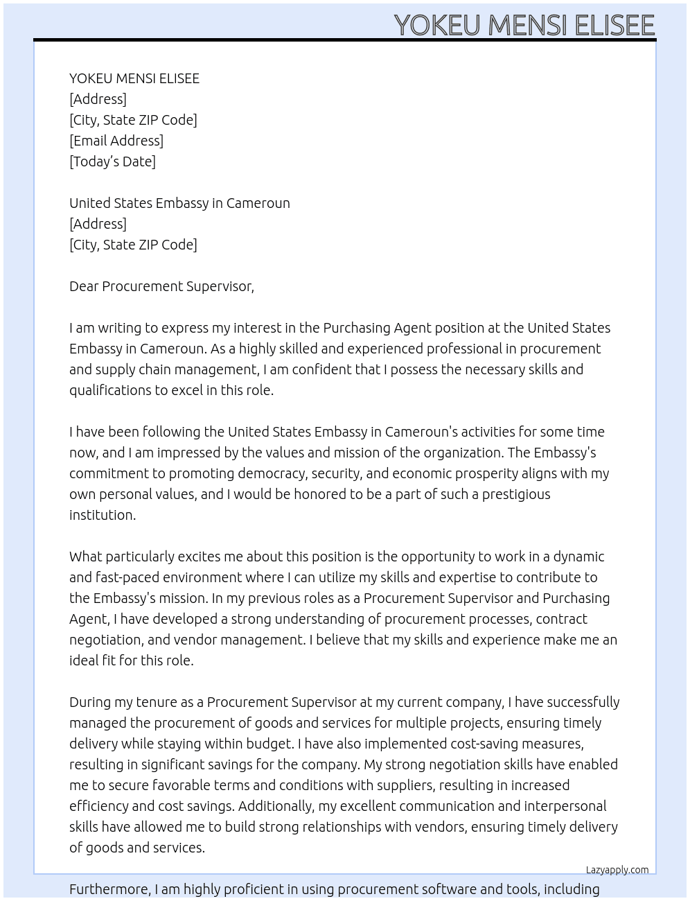 Purchasing Agent At United States Embassy in Cameroun Cover Letter