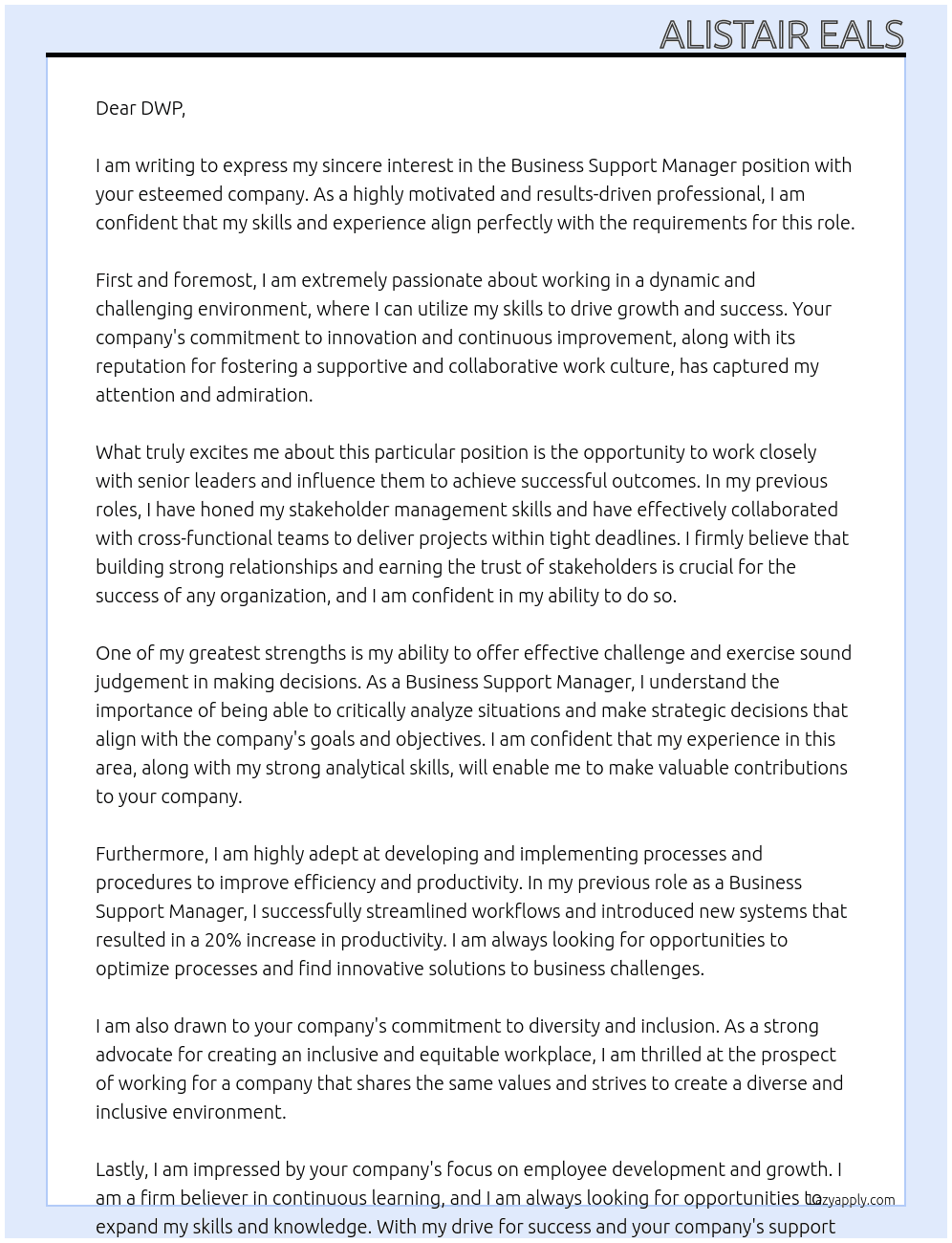 Business Support Manager At DWP Cover Letter