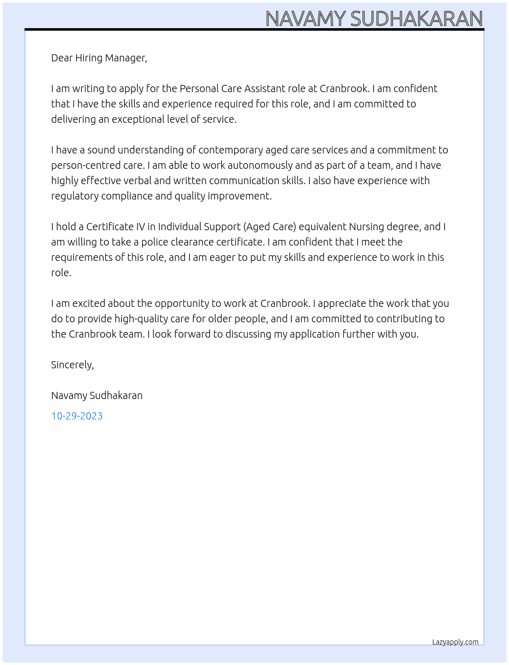 Personal care assistant At Cranbrook Cover Letter