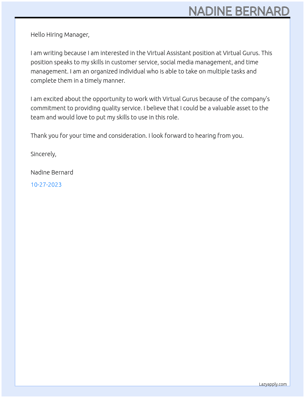 Virtual Assistant  At Virtual Gurus Cover Letter