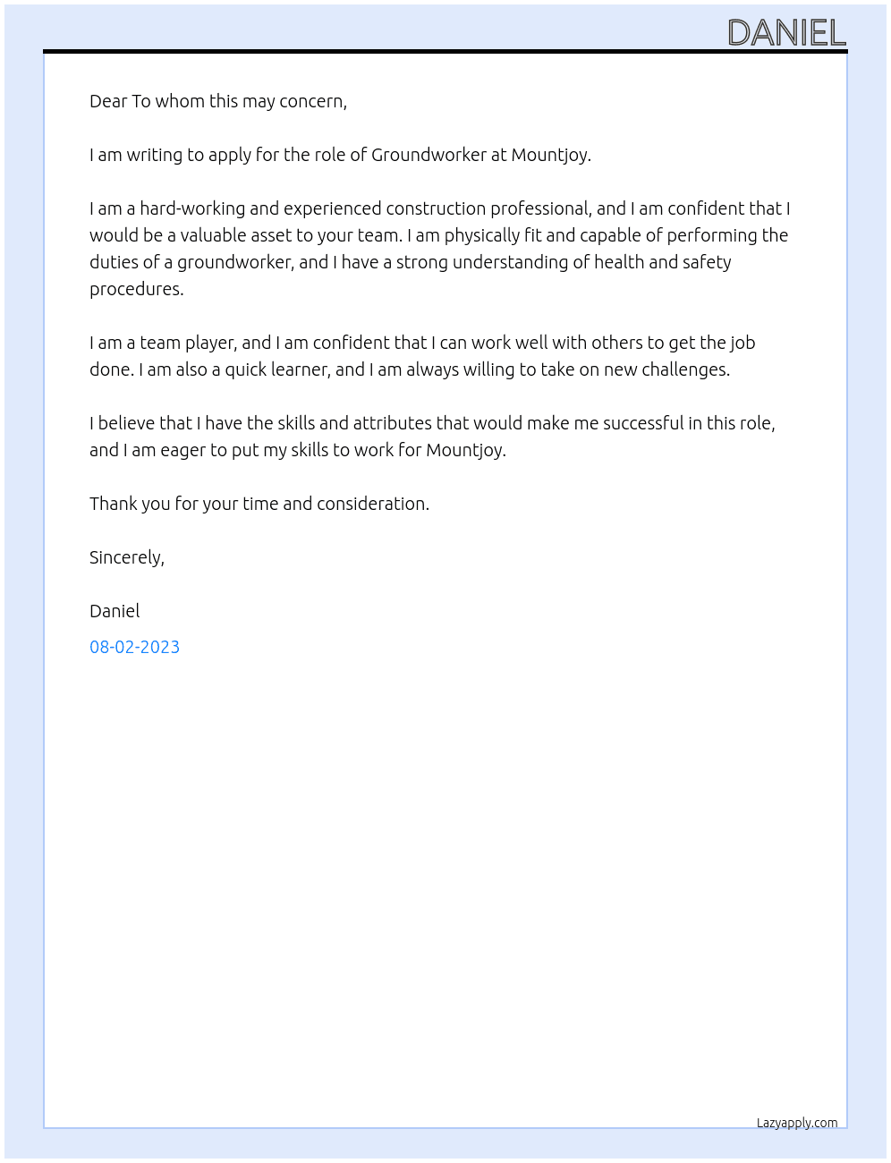 Groundworker At Mountjoy Cover Letter
