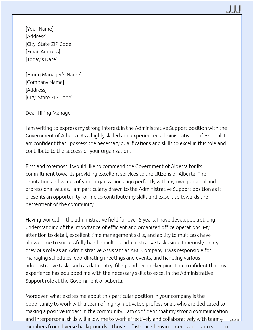 Adminstrative Support At Government of Alberta Cover Letter