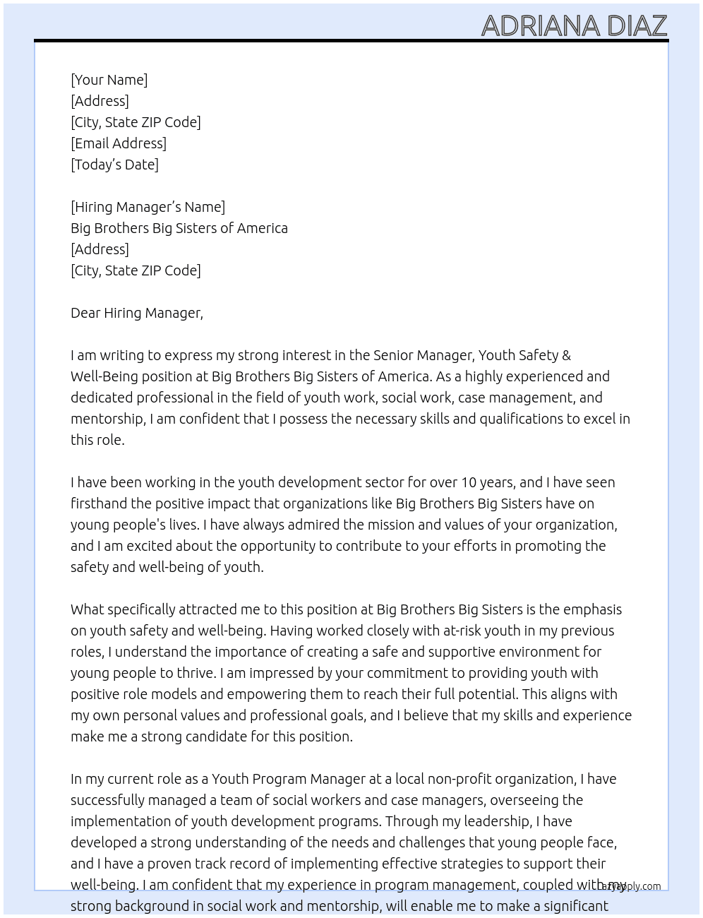 Senior Manager, Youth Safety & Well-Being At Big Brothers Big Sisters of America Cover Letter