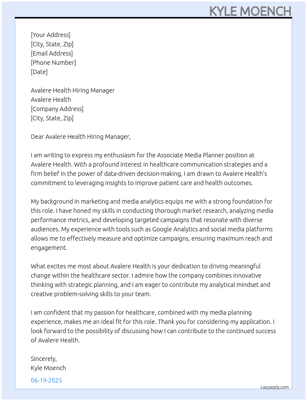 Associate Media Planner At Avalere Health Cover Letter