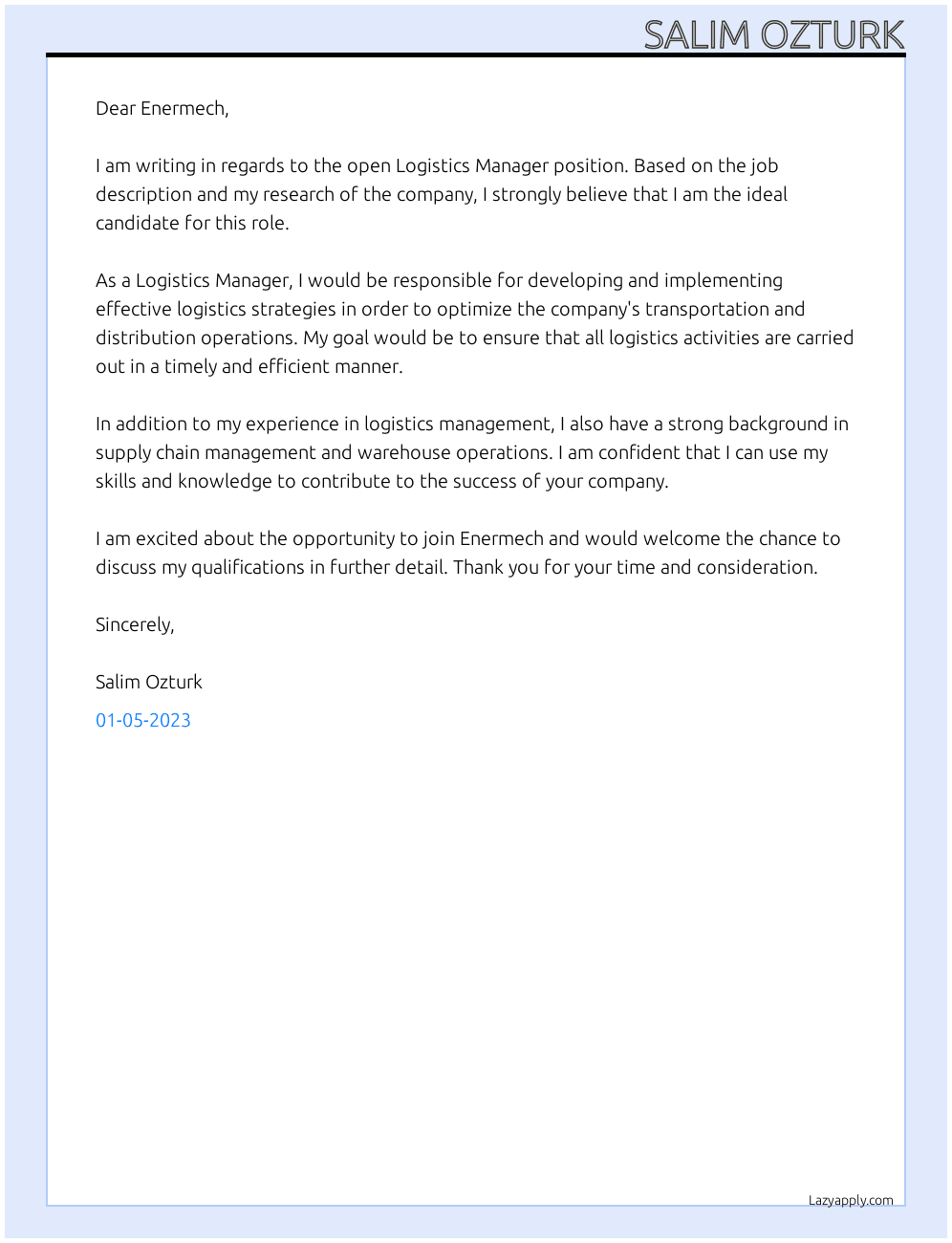 Logistics Manager At Enermech Cover Letter