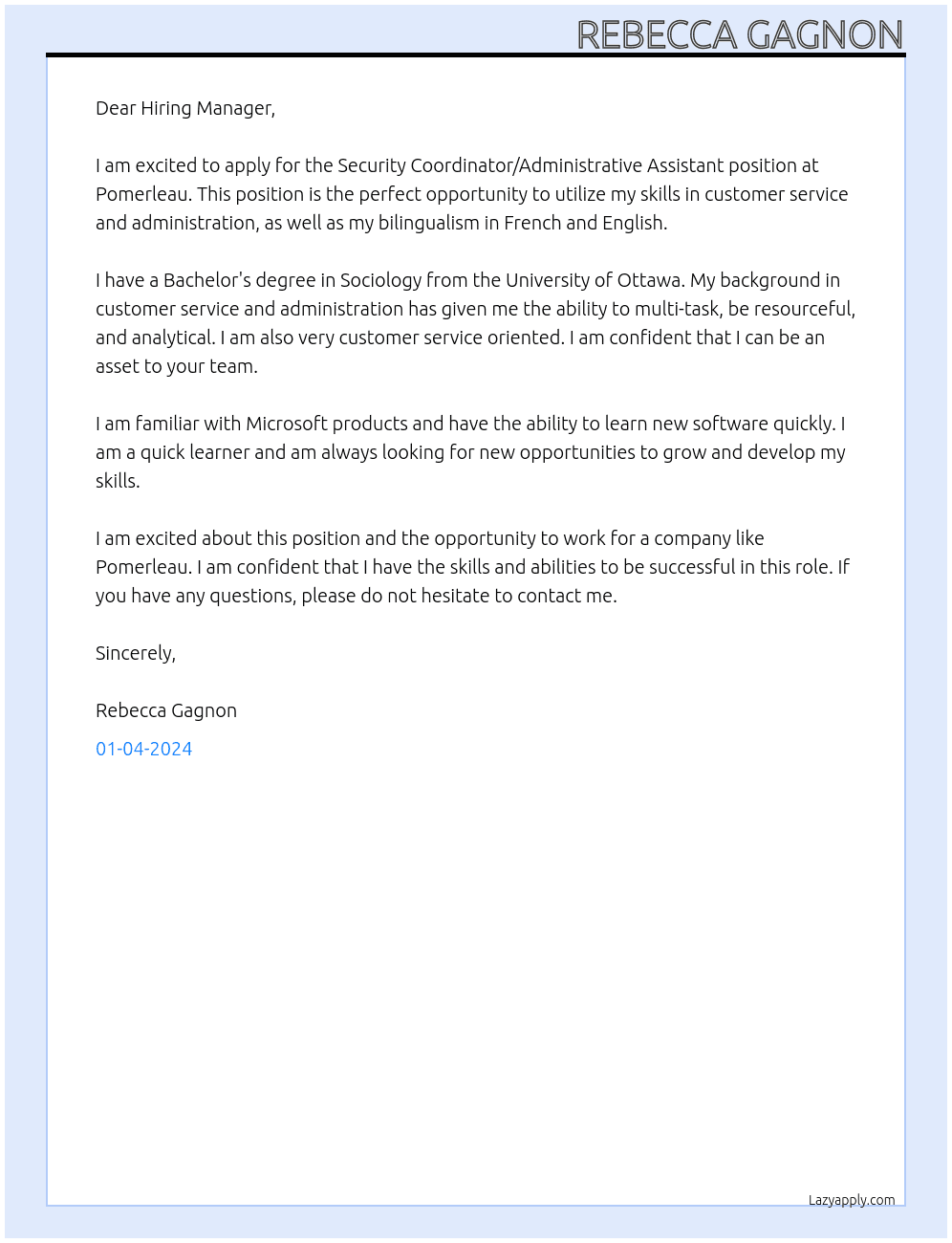 Security Coordinator/Administrative Assistant At Pomerleau Cover Letter