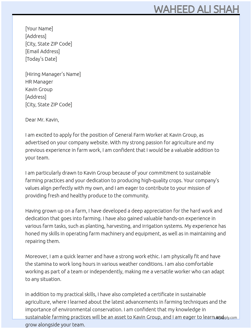 General Farm Worker At Kavin Group Cover Letter