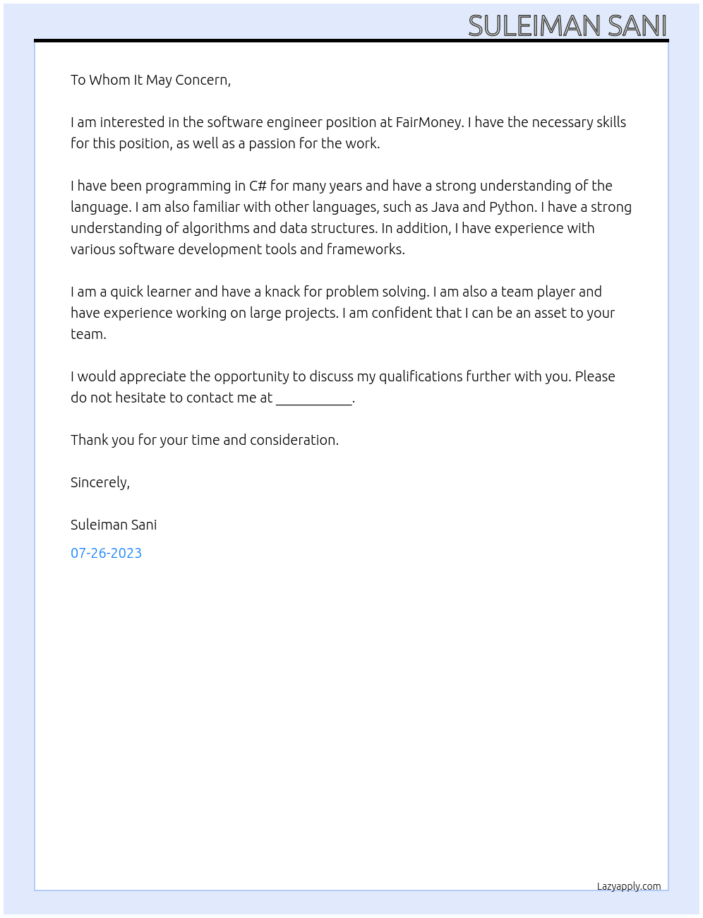 Software Engineer At FairMoney Cover Letter