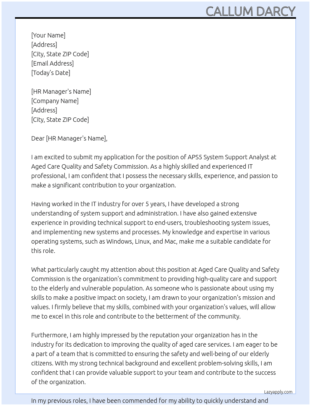 APS5 System Support Analyst At Aged Care Quality and Safety Commission Cover Letter