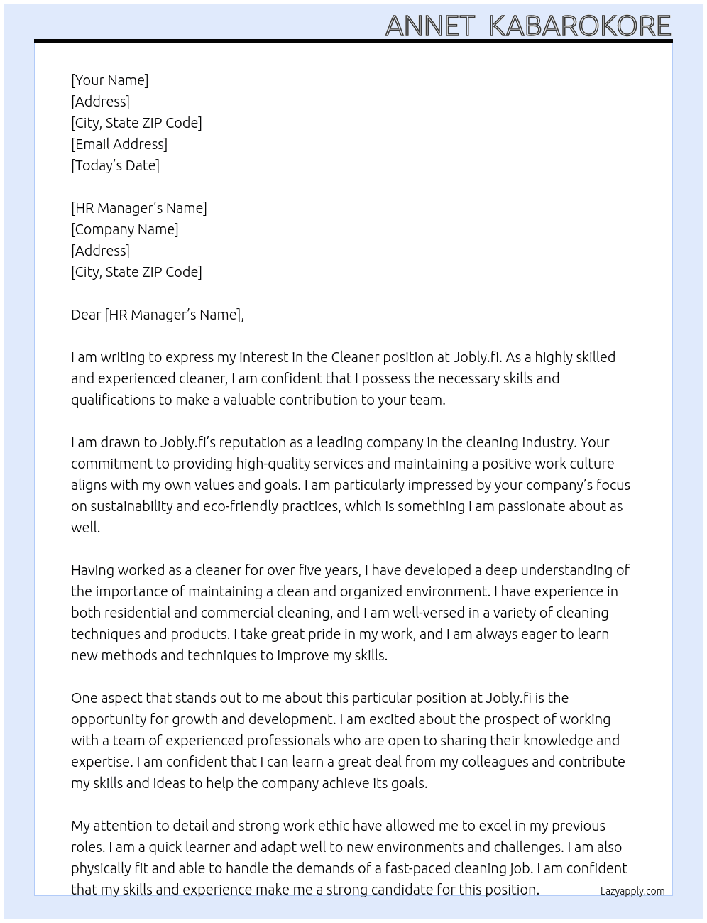 cleaner At jobly.fi Cover Letter