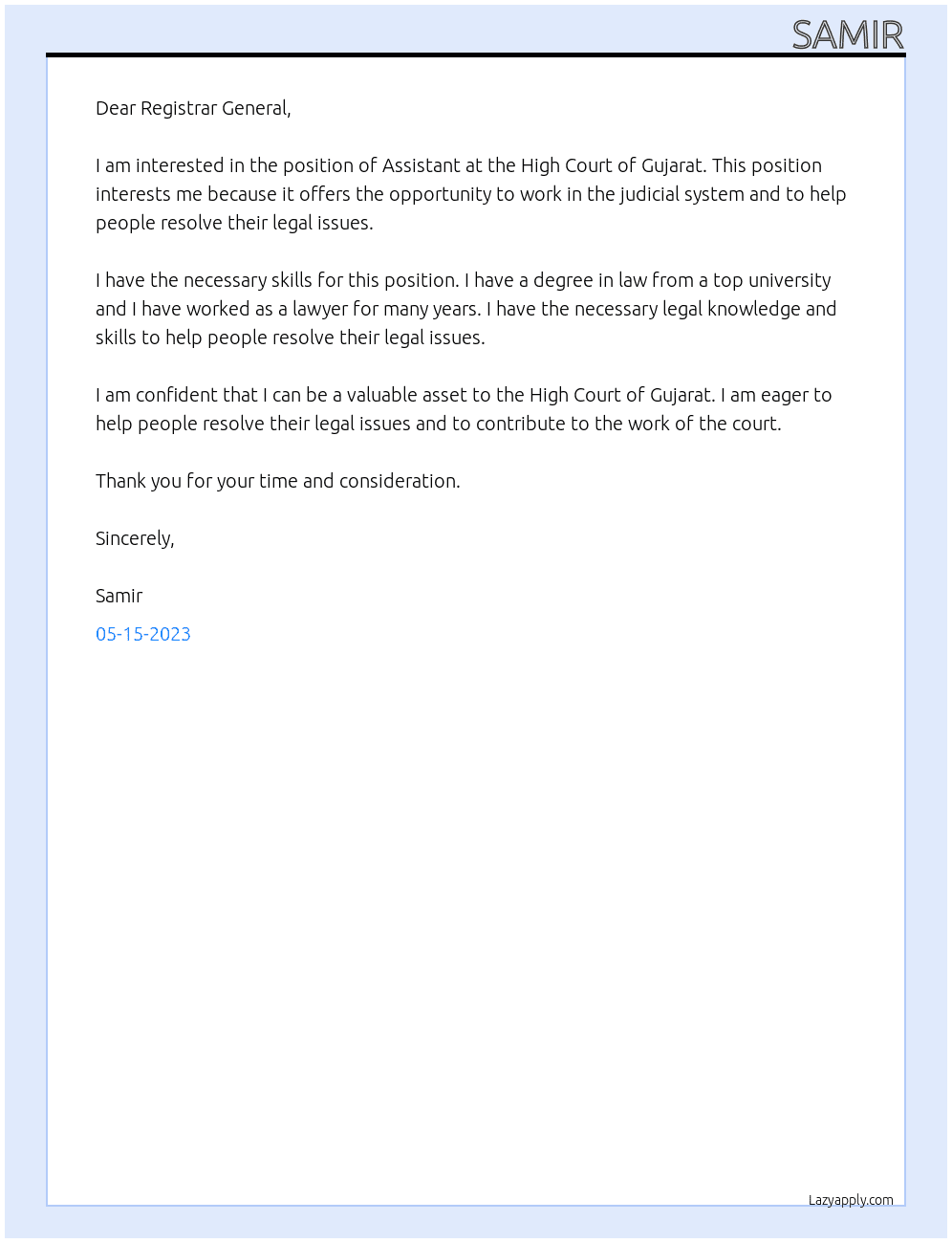Assistant At Judicial Department Cover Letter