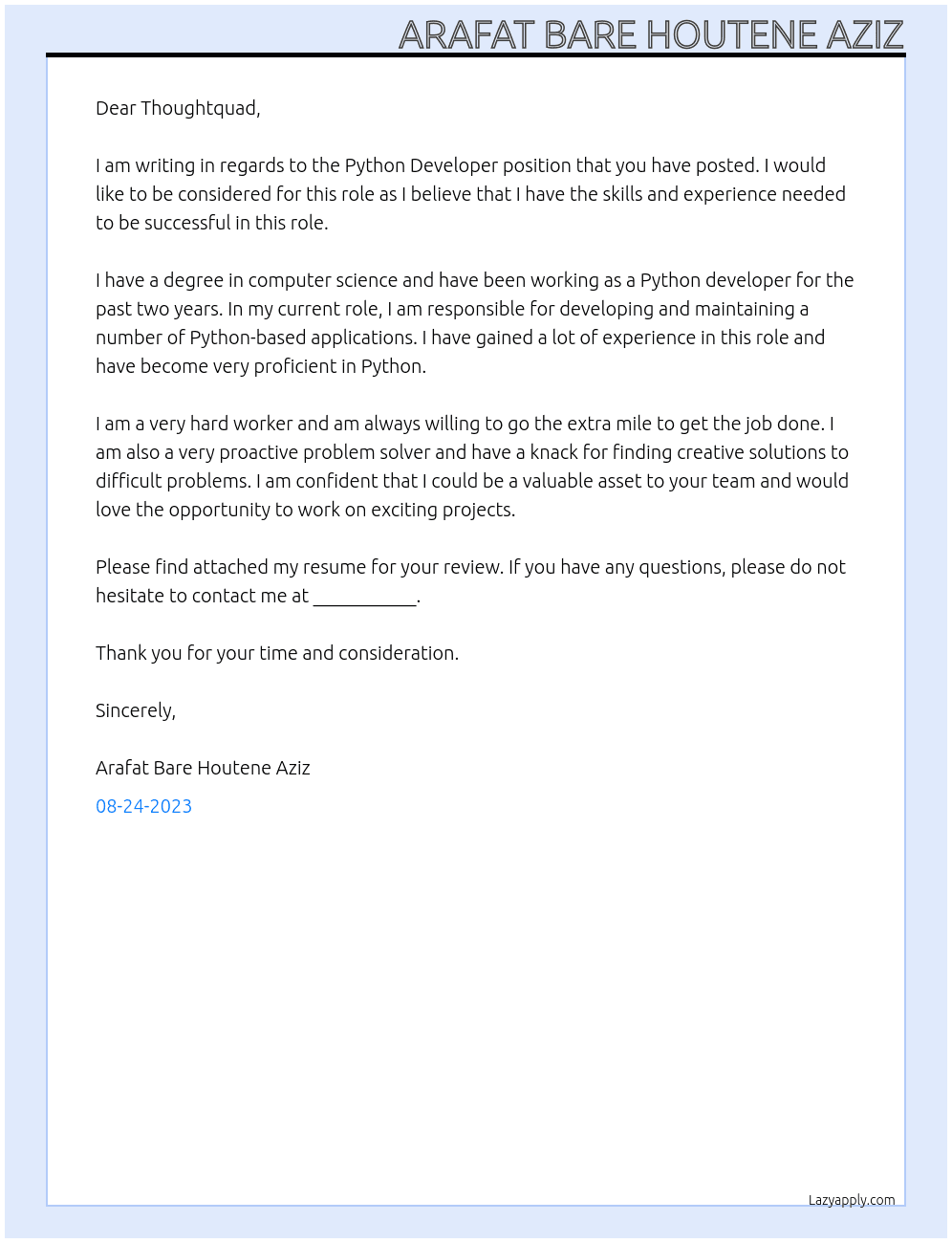 Python Developer At Thoughtquad Cover Letter