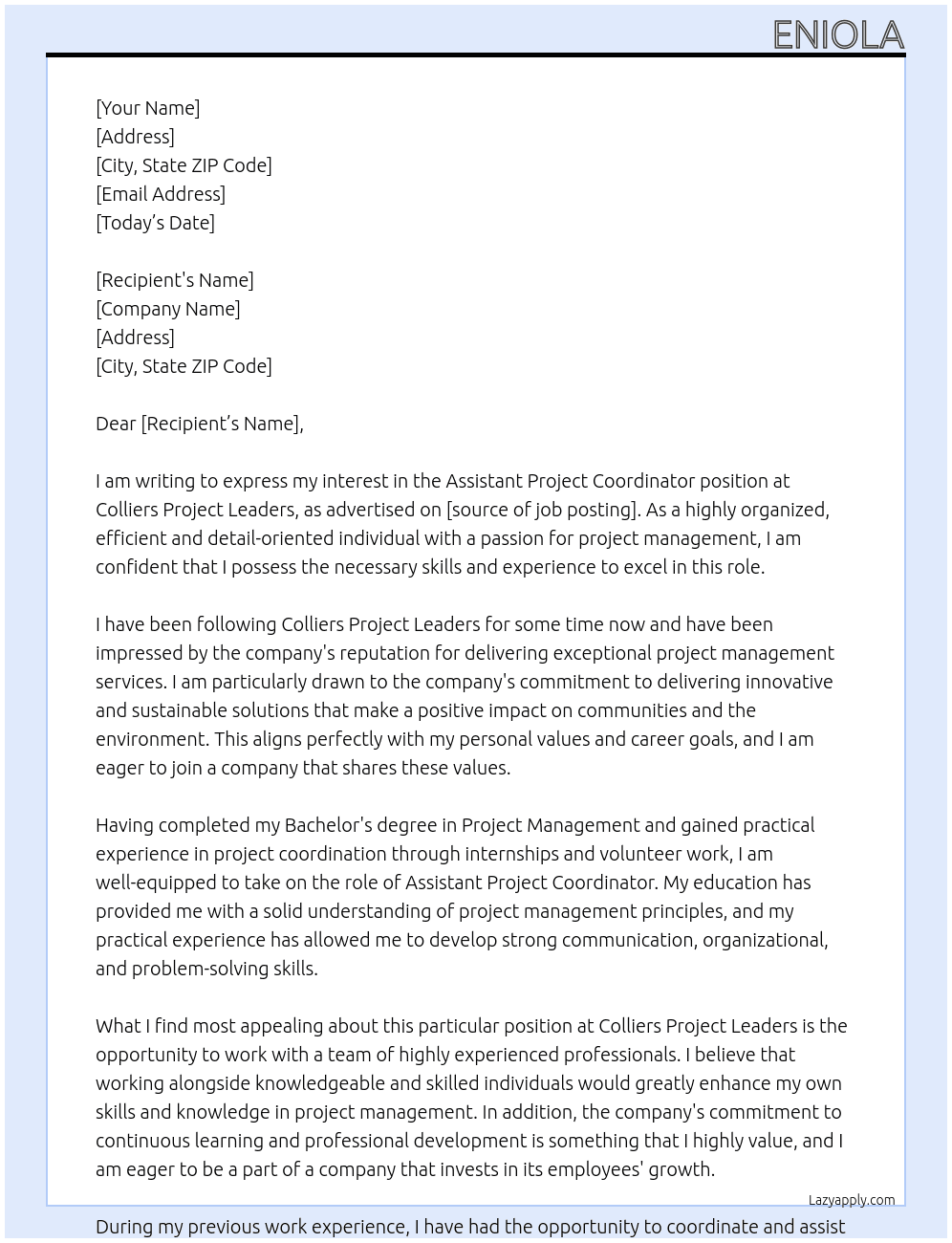 Assistant Project coordinator  At Colliers Project Leaders Cover Letter