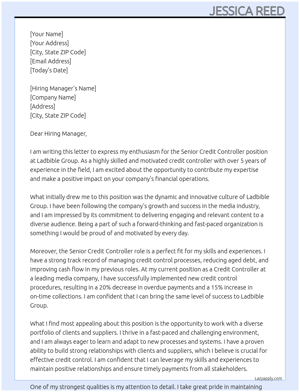 Senior Credit Controller At Ladbible Group Cover Letter