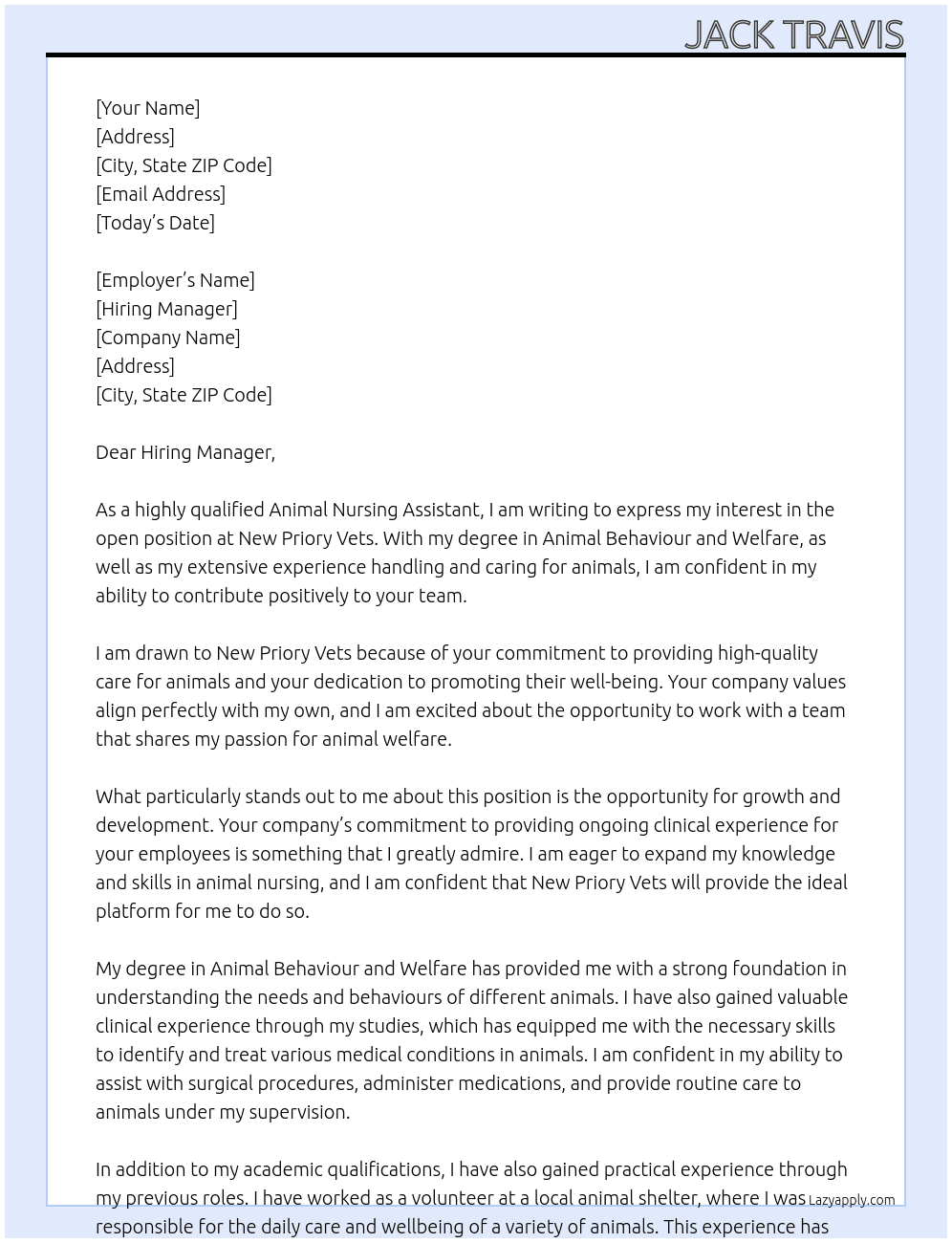 Animal Nursing Assistant  At New Priory Vets Cover Letter
