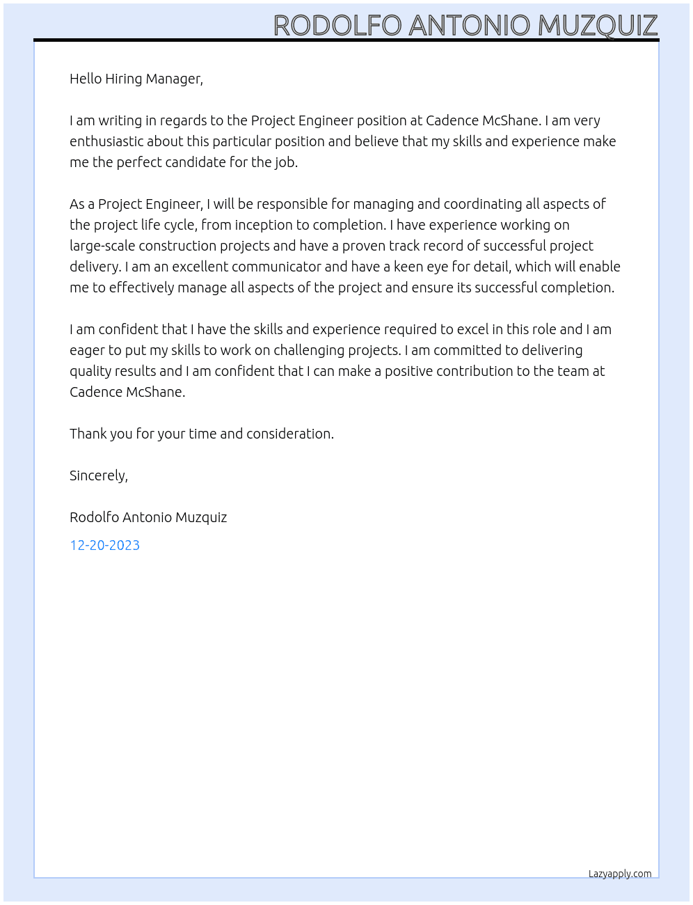 Project Engineer At Cadence McShane Cover Letter