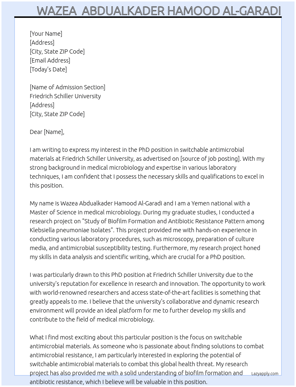 PhD position in switchable antimicrobial materials At Friedrich Schiller University  Cover Letter