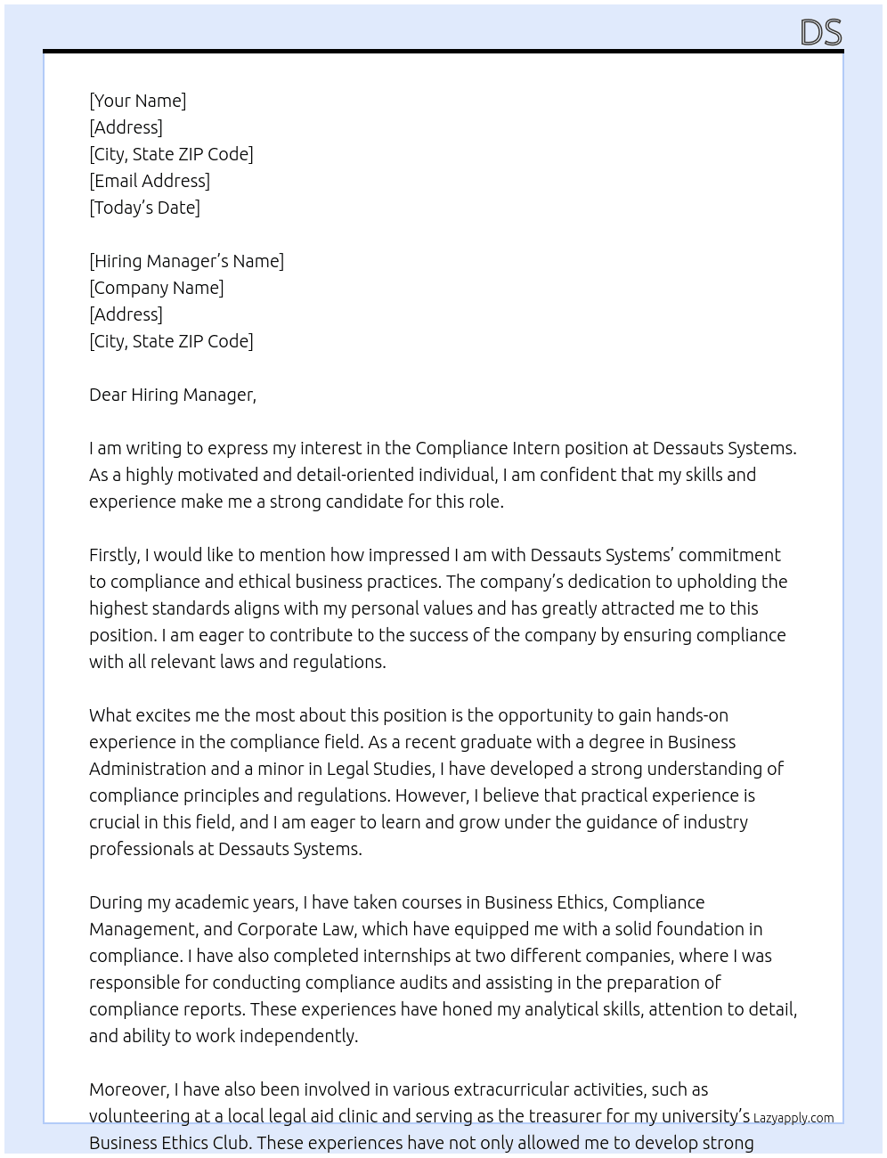 Compliance Intern At dessauts systems Cover Letter