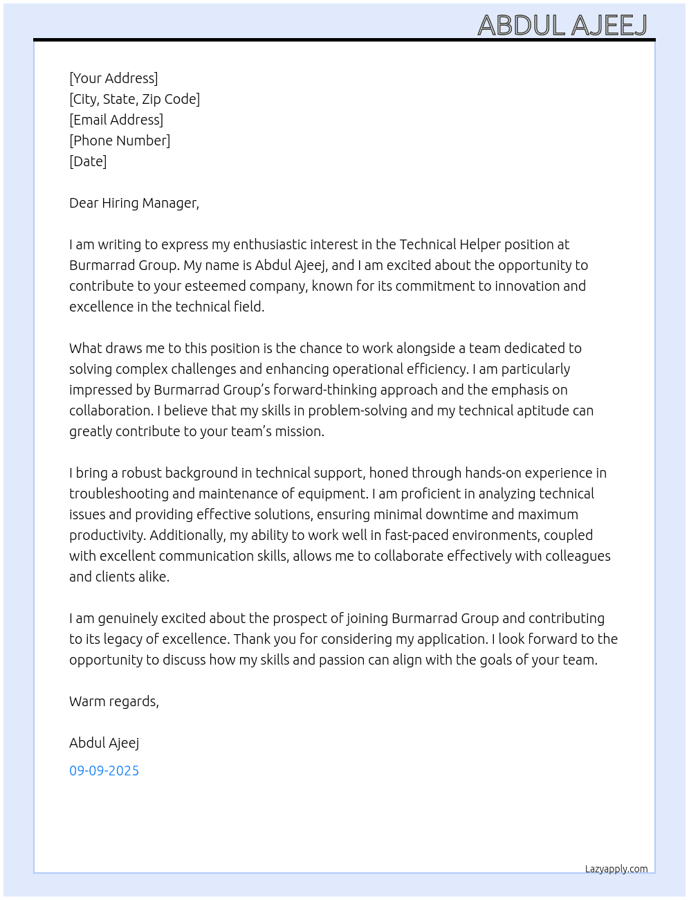 Cover letter for technical helper - LazyApply
