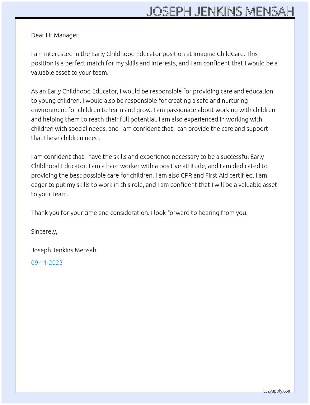 Early Childhood Educator At Imagine ChildCare Cover Letter