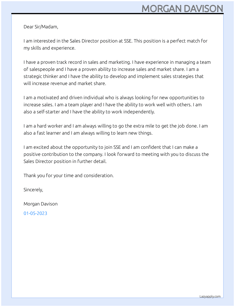 Sales Director At SSE Cover Letter