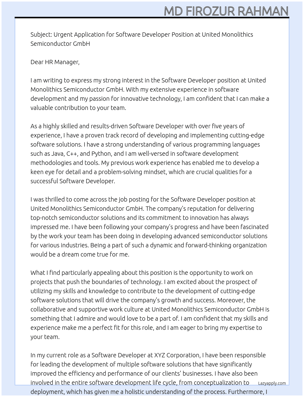Software Developer  At United Monolithics Semiconductor GmbH Cover Letter