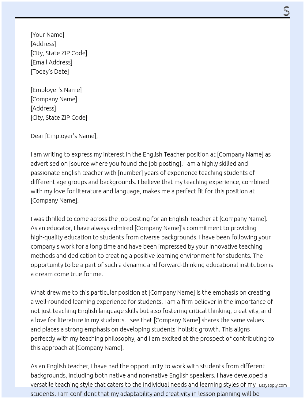 english teacher At d Cover Letter
