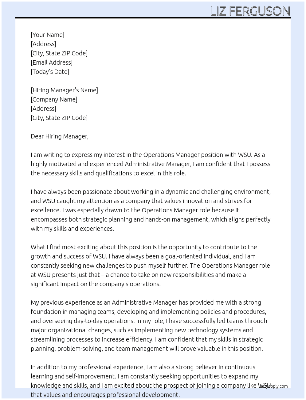 Operations Manager At WSU Cover Letter