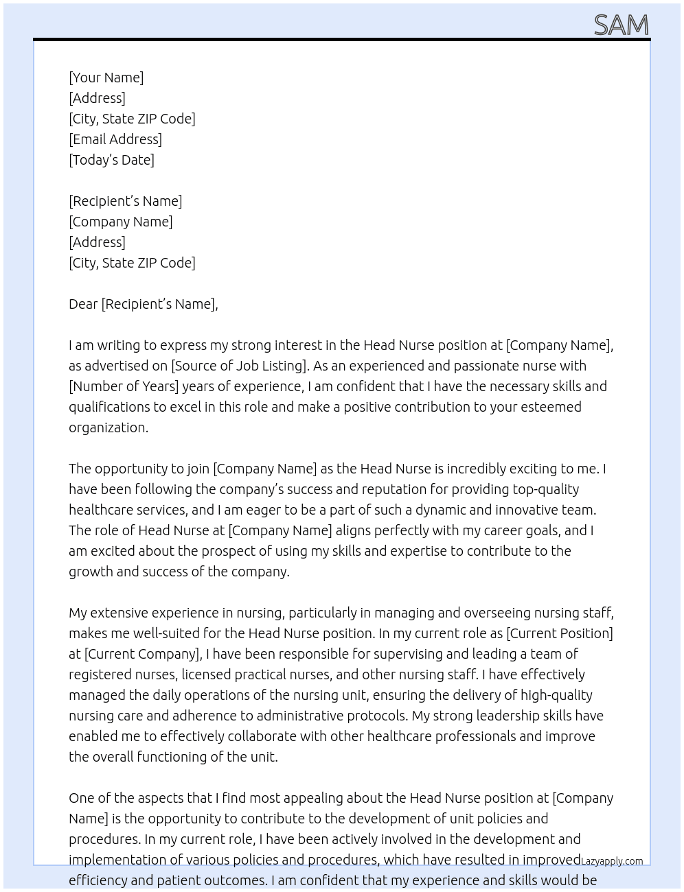 head nurse At ca Cover Letter