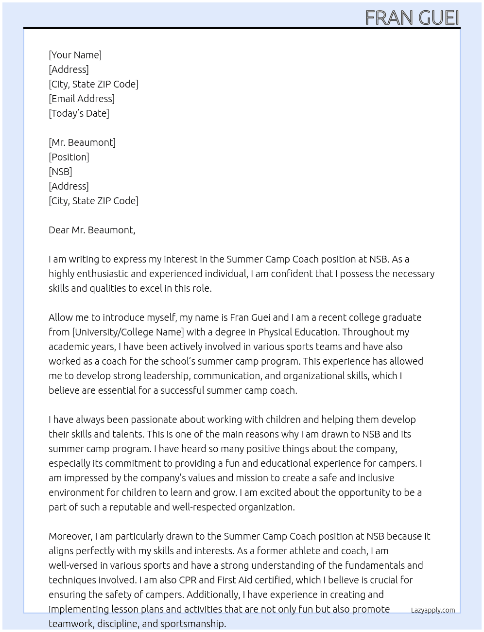 summer camp coach At NSB Cover Letter