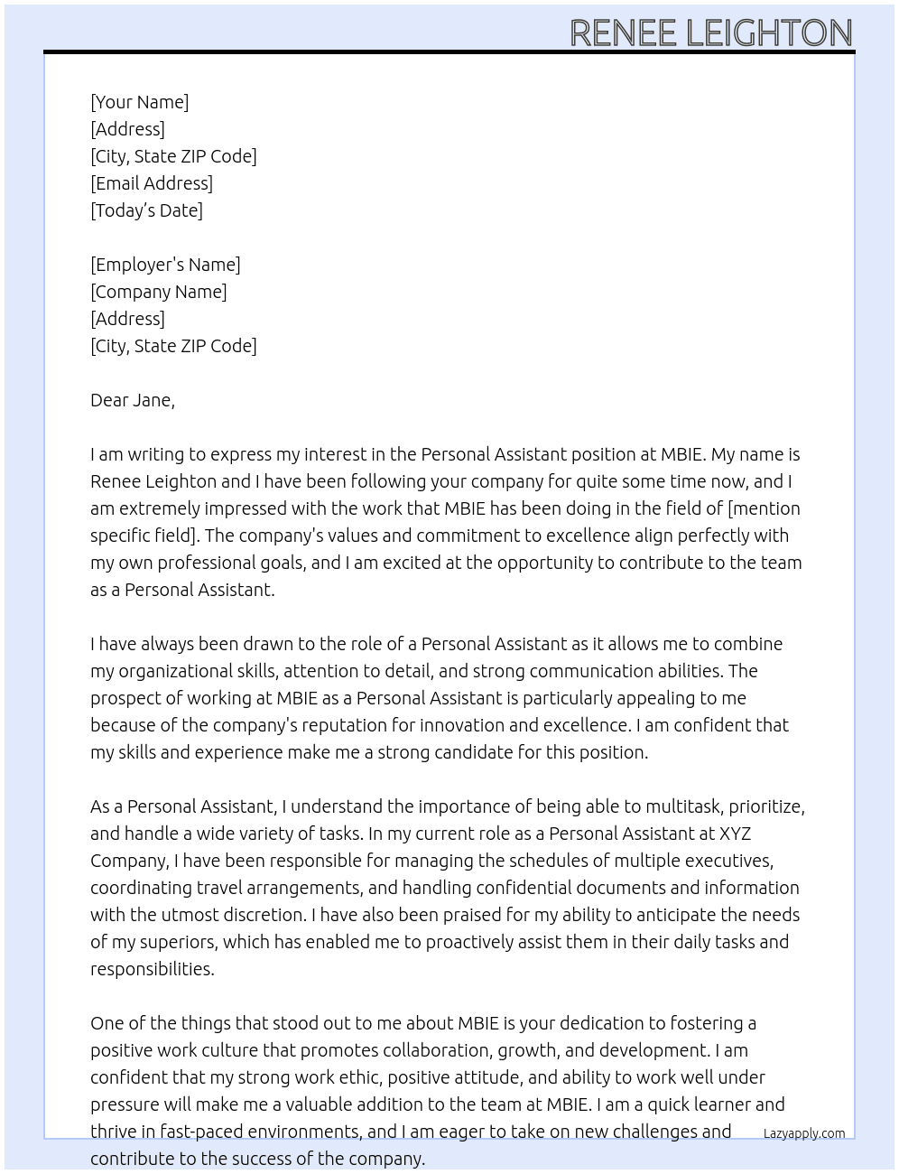 Personal assistant At Mbie Cover Letter