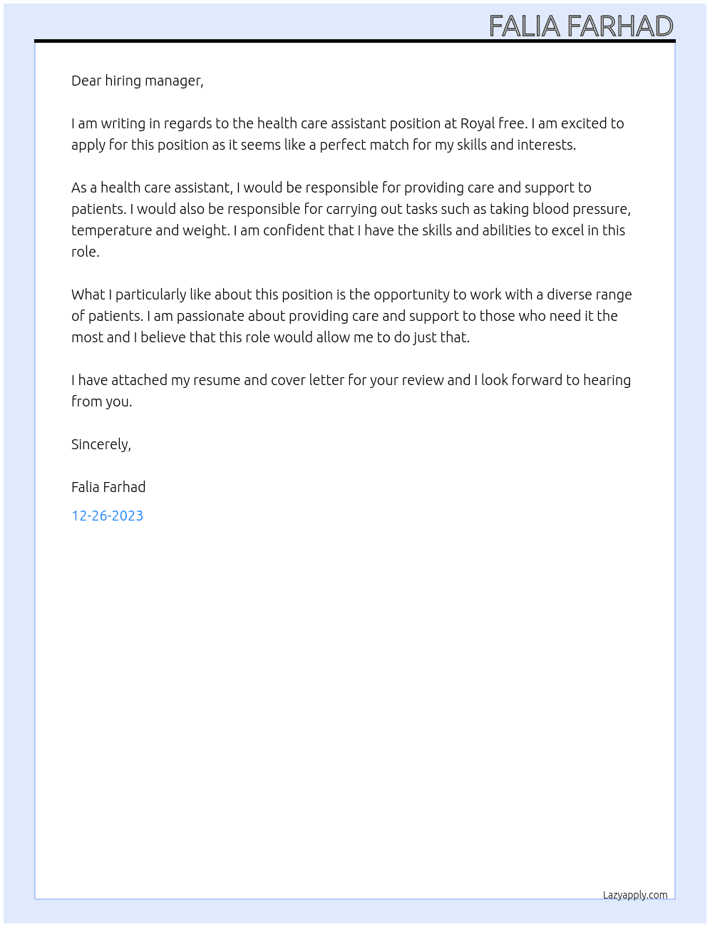Health care assistant At Royal free Cover Letter