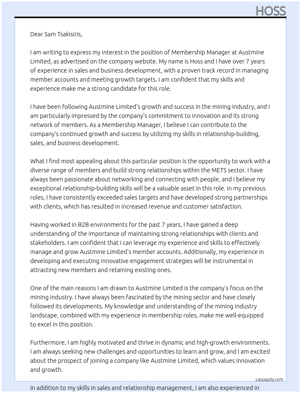 Membership Manager, New South Wales At Austmine Limited Cover Letter