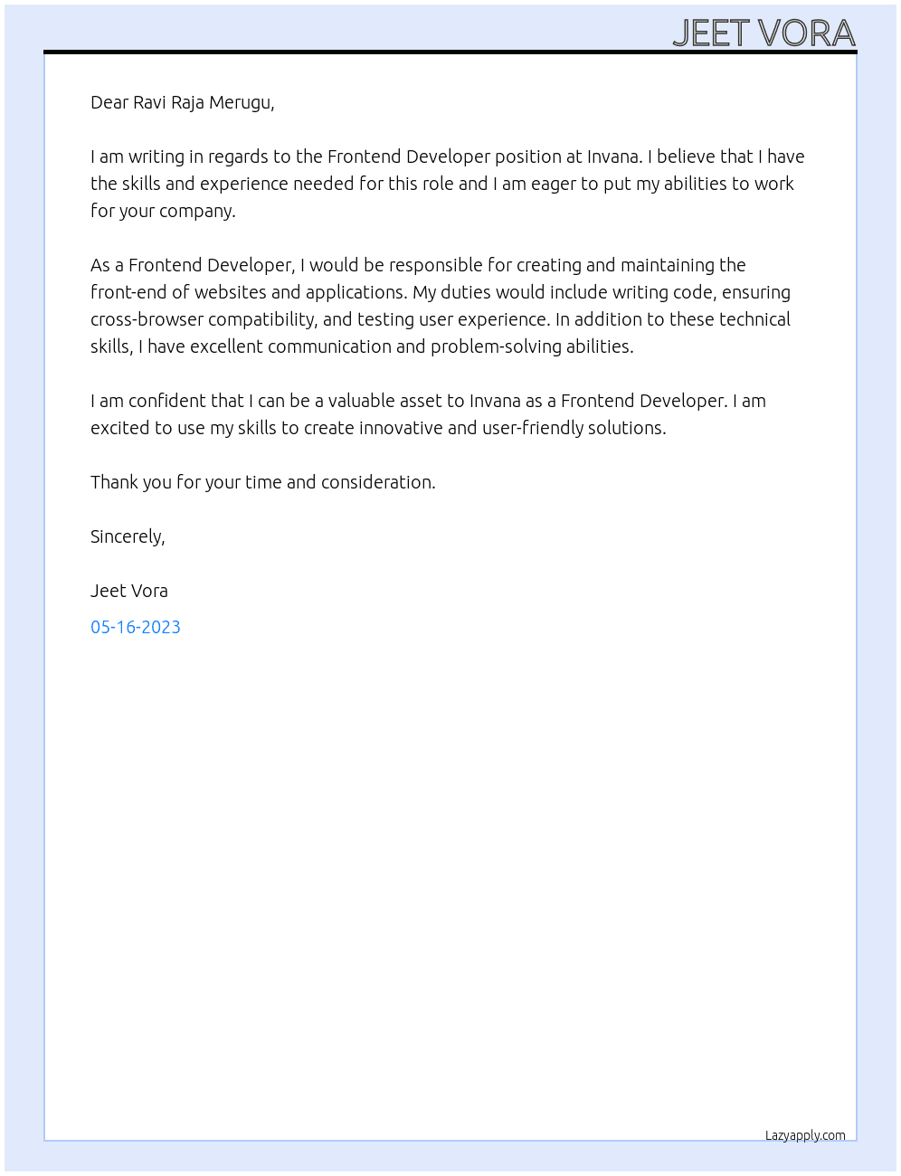 Frontend Developer At Invana Cover Letter