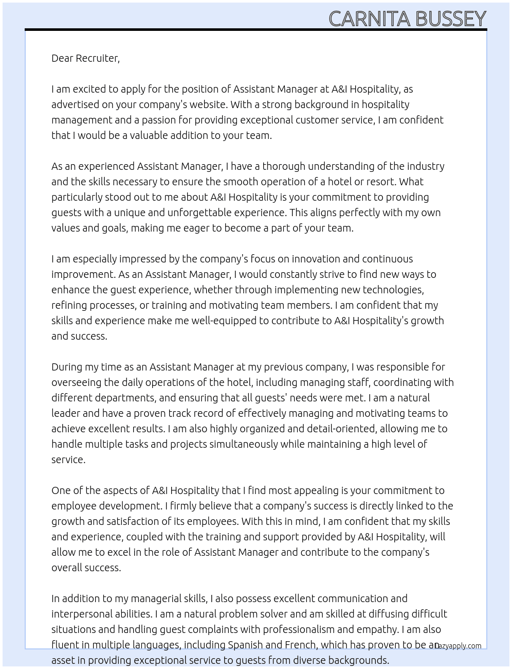 Assistant Manager At A& I Hospitality Cover Letter