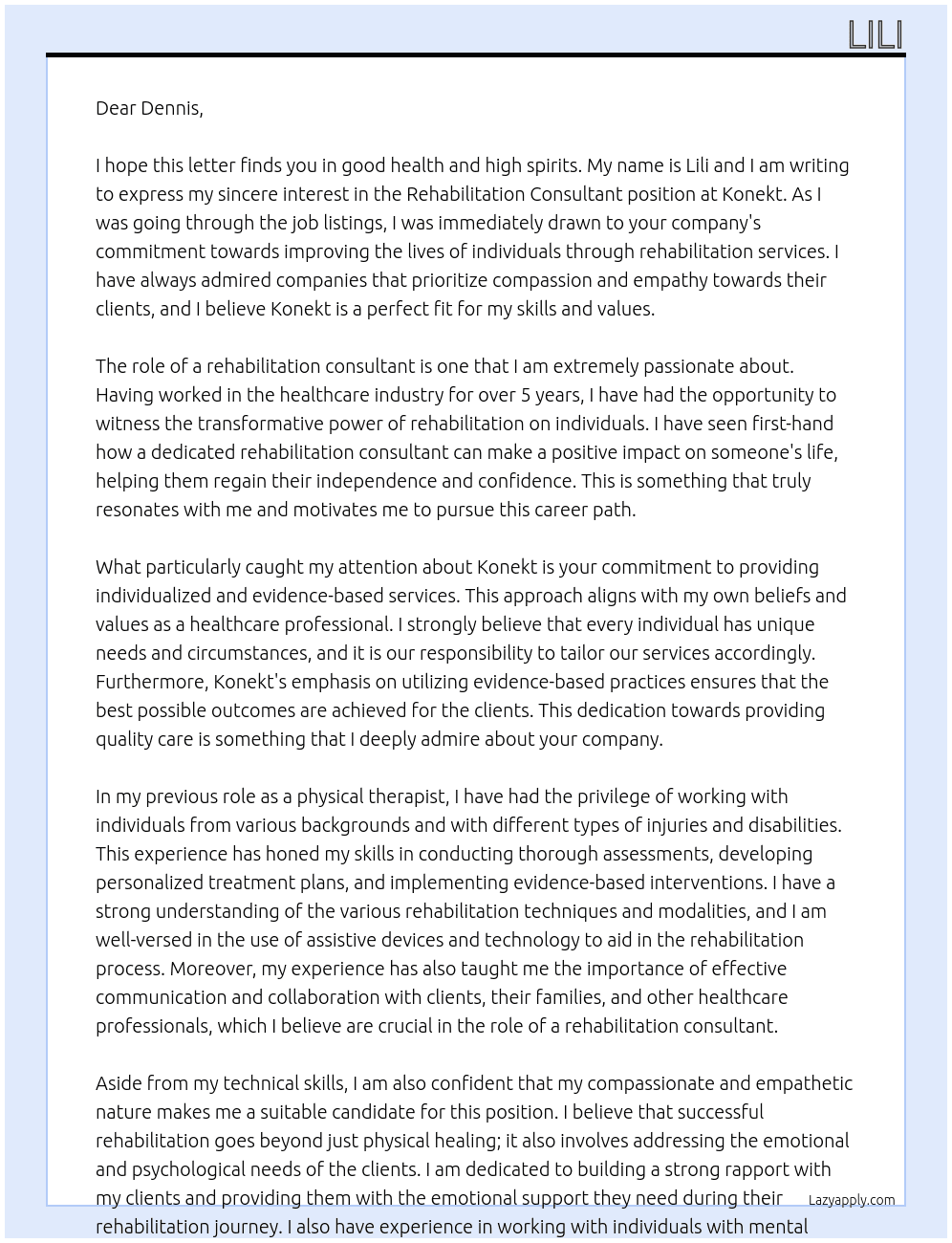 rehabilitation consultant At Konekt Cover Letter