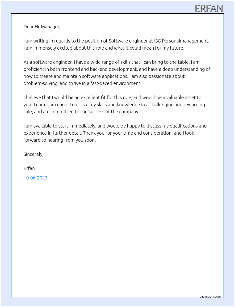  Software engineer  At ISG Personalmanagement Cover Letter