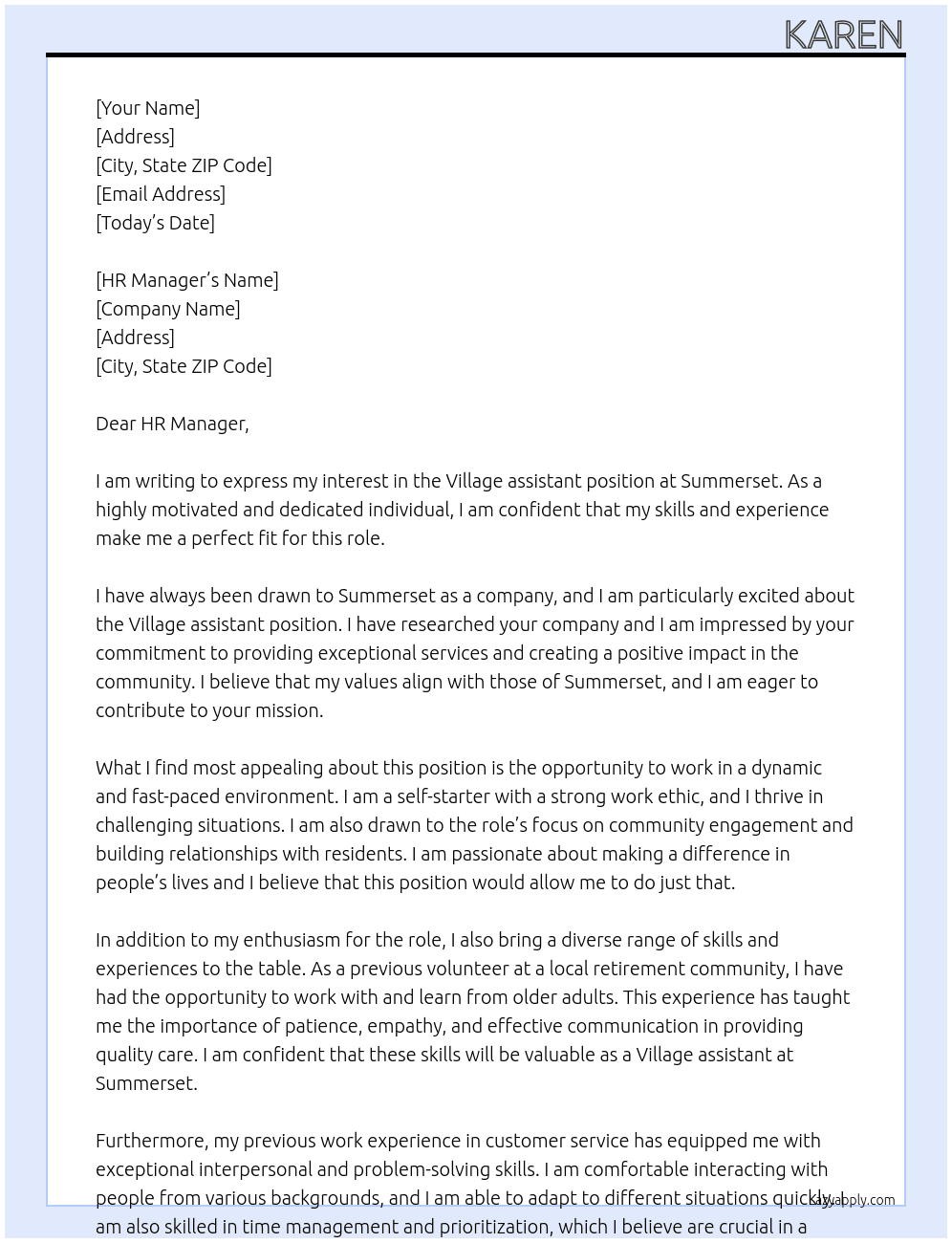 Village assistant  At Summerset Cover Letter