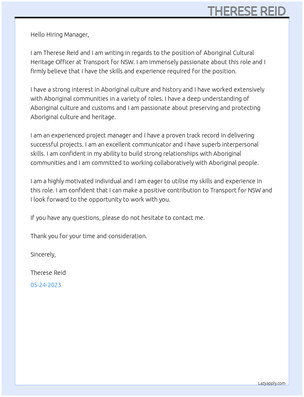 Aboriginal Cultural Heritage Officer  At Transport for NSW Cover Letter