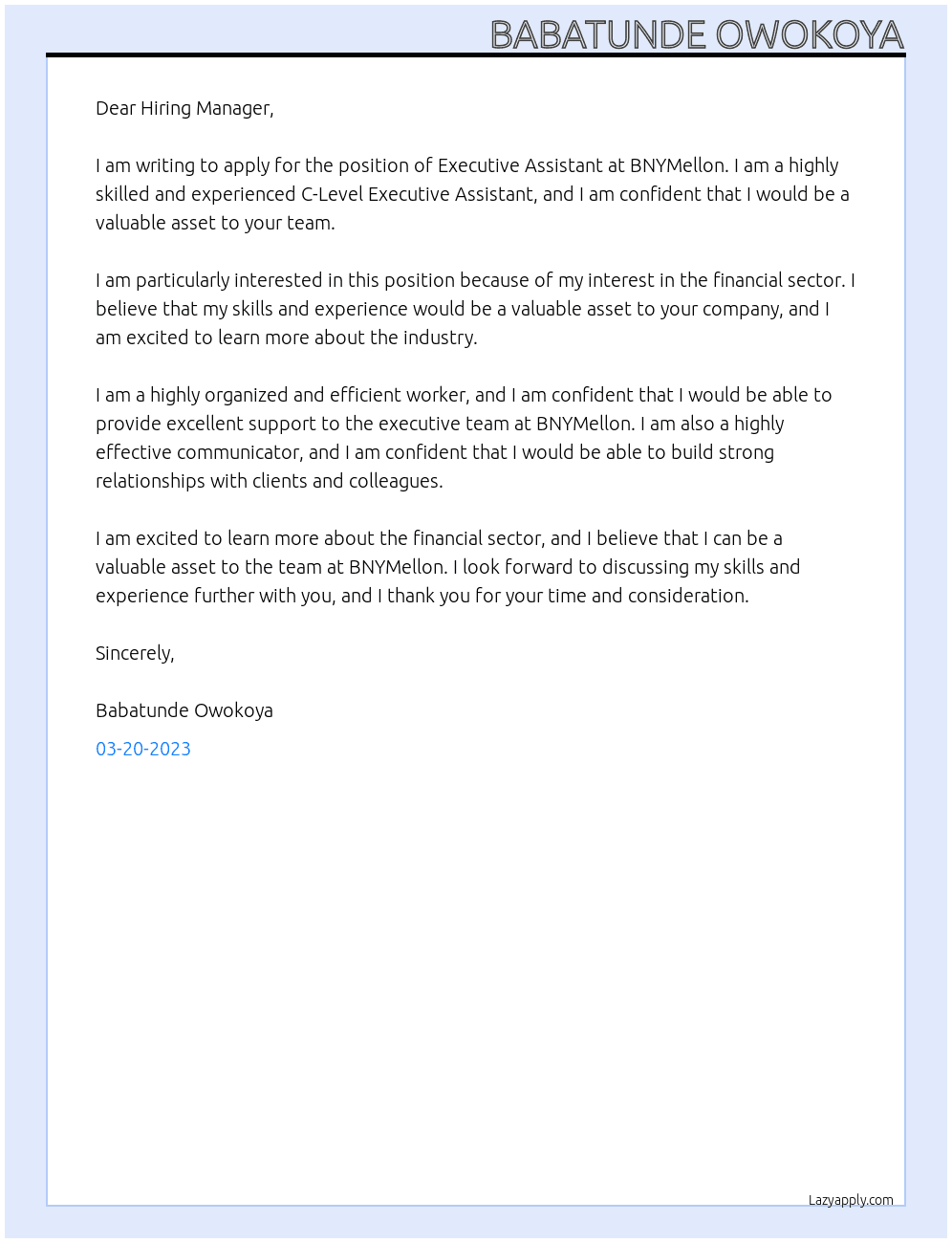 Executive Assistant  At BNYMellon Cover Letter