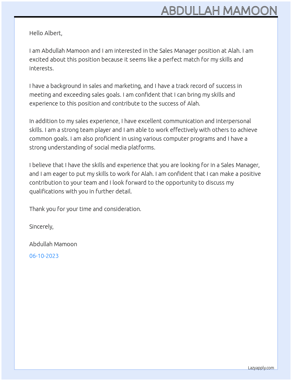 Sales Manager At Alah Cover Letter