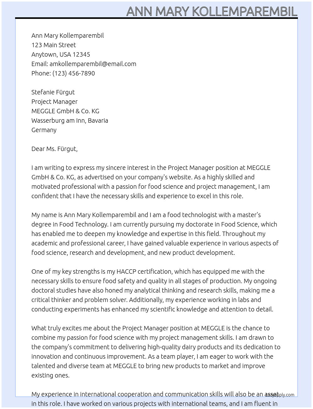 Project manager At MEGGLE GmbH & Co. KG Cover Letter