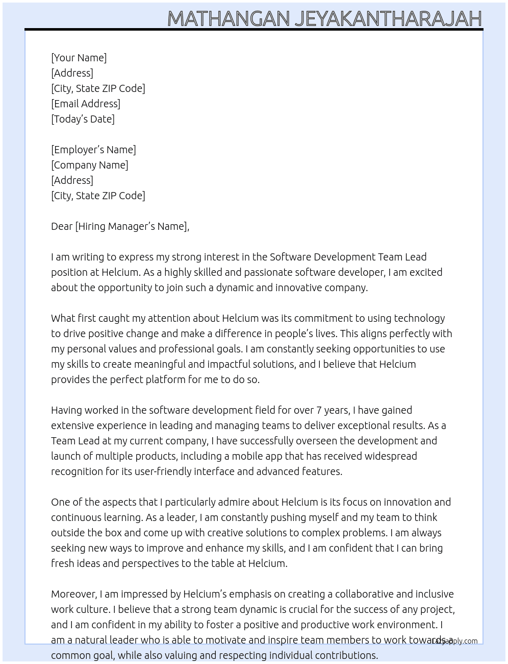 Software Development Team Lead At Helcium Cover Letter