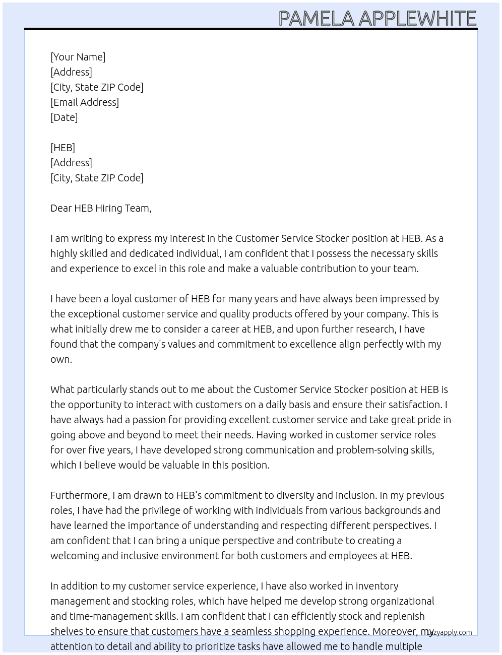 Customer Service Stocker At HEB Cover Letter