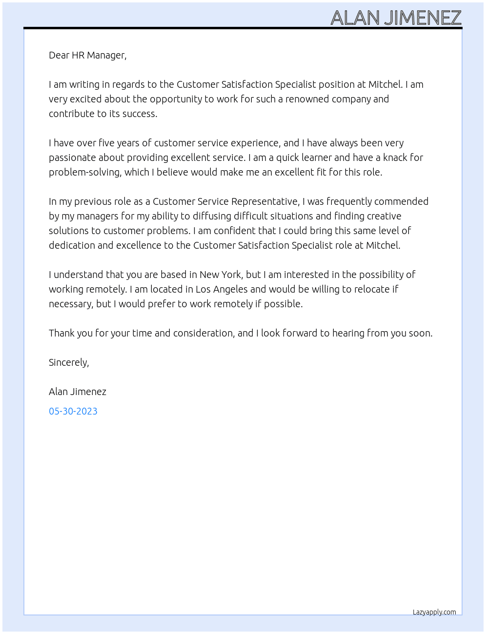 Customer Satisfaction Specialist At Mitchel Cover Letter