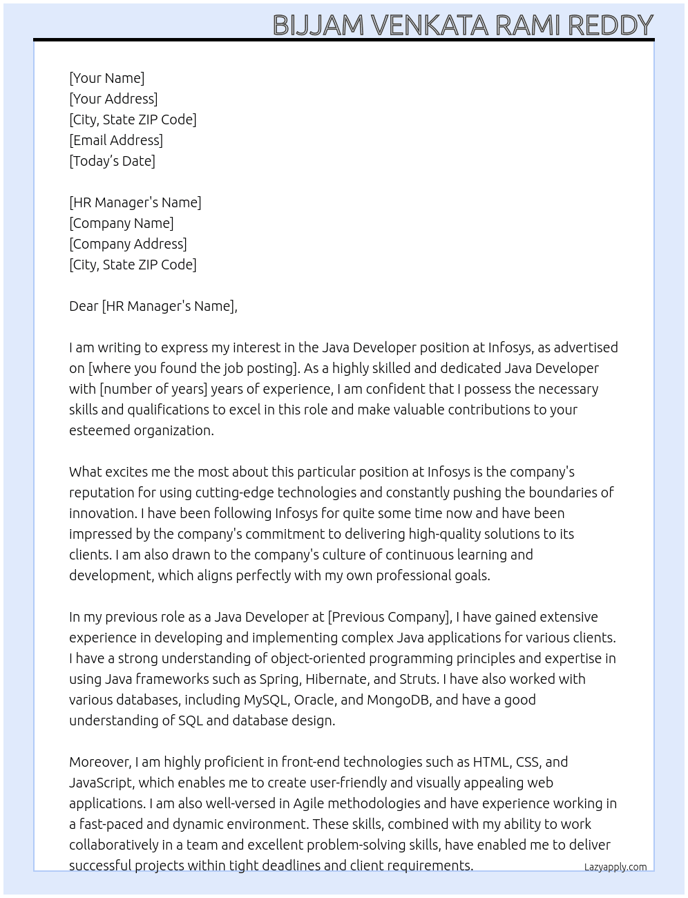 Java Developer At Infosys Cover Letter