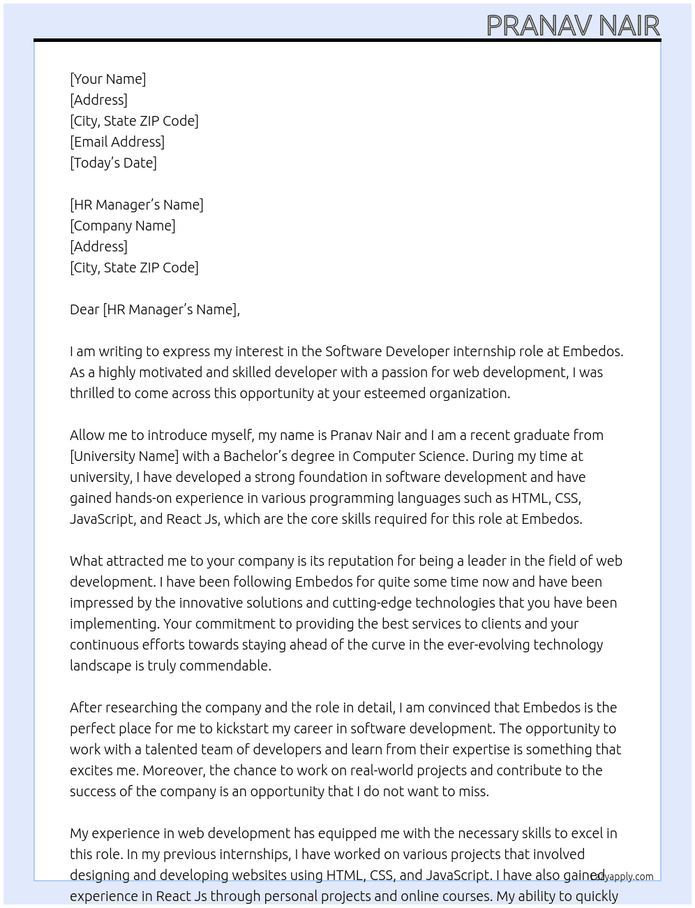 Software developer  At Embedos Cover Letter