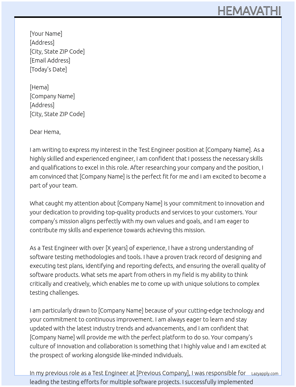 Test Engineer At Hema Cover Letter
